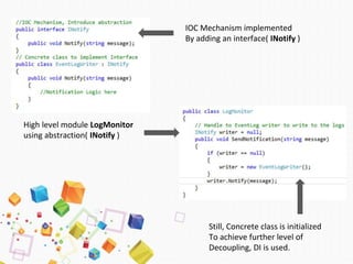 IOC Mechanism implemented
By adding an interface( INotify )
High level module LogMonitor
using abstraction( INotify )
Still, Concrete class is initialized
To achieve further level of
Decoupling, DI is used.
 