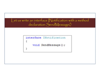Let us write an interface INotification with a method
declaration SendMessage()

 