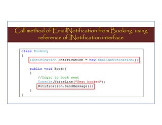 Call method of EmailNotification from Booking using
reference of INotification interface

 