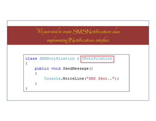 We just need to create SMSNotification class,
implementing INotification interface

 