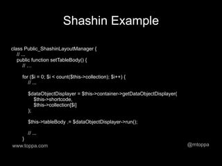 Shashin Example

class Public_ShashinLayoutManager {
   // ...
   public function setTableBody() {
       // …

    for ($i = 0; $i < count($this->collection); $i++) {
       // ...

      $dataObjectDisplayer = $this->container->getDataObjectDisplayer(
         $this->shortcode,
         $this->collection[$i]
      );

      $this->tableBody .= $dataObjectDisplayer->run();

      // ...
   }
www.toppa.com                                                            @mtoppa
 