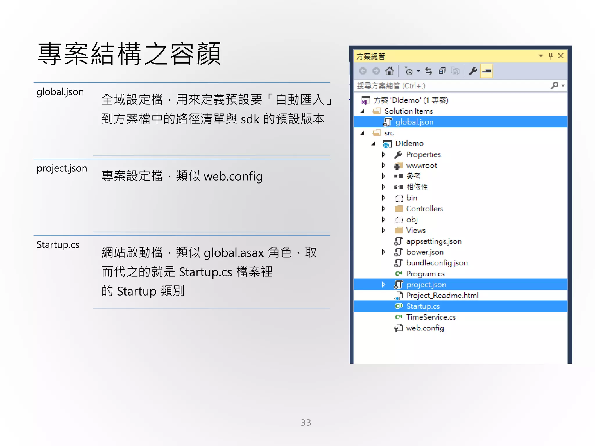33
專案結構之容顏
global.json
全域設定檔，用來定義預設要「自動匯入」
到方案檔中的路徑清單與 sdk 的預設版本
project.json
專案設定檔，類似 web.config
Startup.cs
網站啟動檔，類似 global.asax 角色，取
而代之的就是 Startup.cs 檔案裡
的 Startup 類別
 
