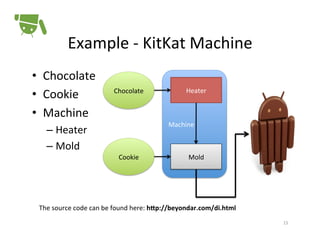 Example	
  -­‐	
  KitKat	
  Machine	
  
•  Chocolate	
  
•  Cookie	
  
•  Machine	
  

Chocolate	
  

Heater	
  

Machine	
  

–  Heater	
  
–  Mold	
  
Cookie	
  

Mold	
  

The	
  source	
  code	
  can	
  be	
  found	
  here:	
  hEp://beyondar.com/di.html	
  
15	
  

 