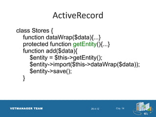 ActiveRecord
  class Stores {
     function dataWrap($data){...}
     protected function getEntity(){...}
     function add($data){
       $entity = $this->getEntity();
       $entity->import($this->dataWrap($data));
       $entity->save();
     }



VETMANAGER TEAM              26.4.12   Стр. 14
 