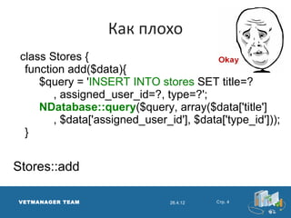 Как плохо
 class Stores {
  function add($data){
     $query = 'INSERT INTO stores SET title=?
        , assigned_user_id=?, type=?';
     NDatabase::query($query, array($data['title']
        , $data['assigned_user_id'], $data['type_id']));
  }


Stores::add

VETMANAGER TEAM                 26.4.12   Стр. 4
 