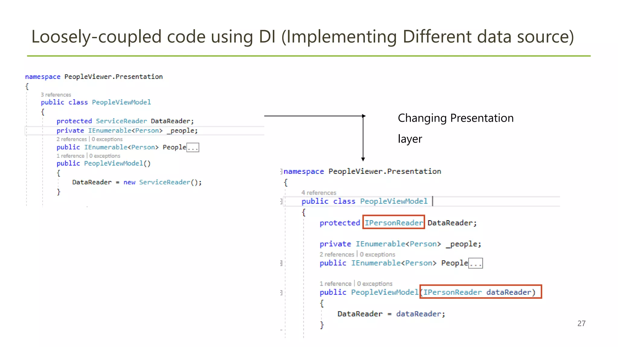 27
Loosely-coupled code using DI (Implementing Different data source)
Changing Presentation
layer
 