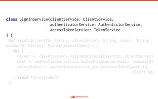 class SignInService(clientService: ClientService,
authenticatorService: AuthentictorService,
accessTokenService: TokenService
) {
def signIn(clientId: String, clientSecret: String, email: String,
password: String): Future[AccessToken] = {
for {
client <- clientService.validateClient(clientId, clientSecret)
user <- authenticatorService.authenticateUser(email, password)
accessToken <- accessTokenService.createAccessToken(user.id,
client.id)
} yield (accessToken)
}
 