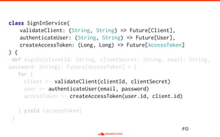 class SignInService(
validateClient: (String, String) => Future[Client],
authenticateUser: (String, String) => Future[User],
createAccessToken: (Long, Long) => Future[AccessToken]
) {
def signIn(clientId: String, clientSecret: String, email: String,
password: String): Future[AccessToken] = {
for {
client <- validateClient(clientId, clientSecret)
user <- authenticateUser(email, password)
accessToken <- createAccessToken(user.id, client.id)
} yield (accessToken)
}
:FO
 