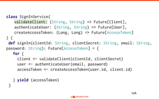 class SignInService(
validateClient: (String, String) => Future[Client],
authenticateUser: (String, String) => Future[User],
createAccessToken: (Long, Long) => Future[AccessToken]
) {
def signIn(clientId: String, clientSecret: String, email: String,
password: String): Future[AccessToken] = {
for {
client <- validateClient(clientId, clientSecret)
user <- authenticateUser(email, password)
accessToken <- createAccessToken(user.id, client.id)
} yield (accessToken)
}
:IJA
 