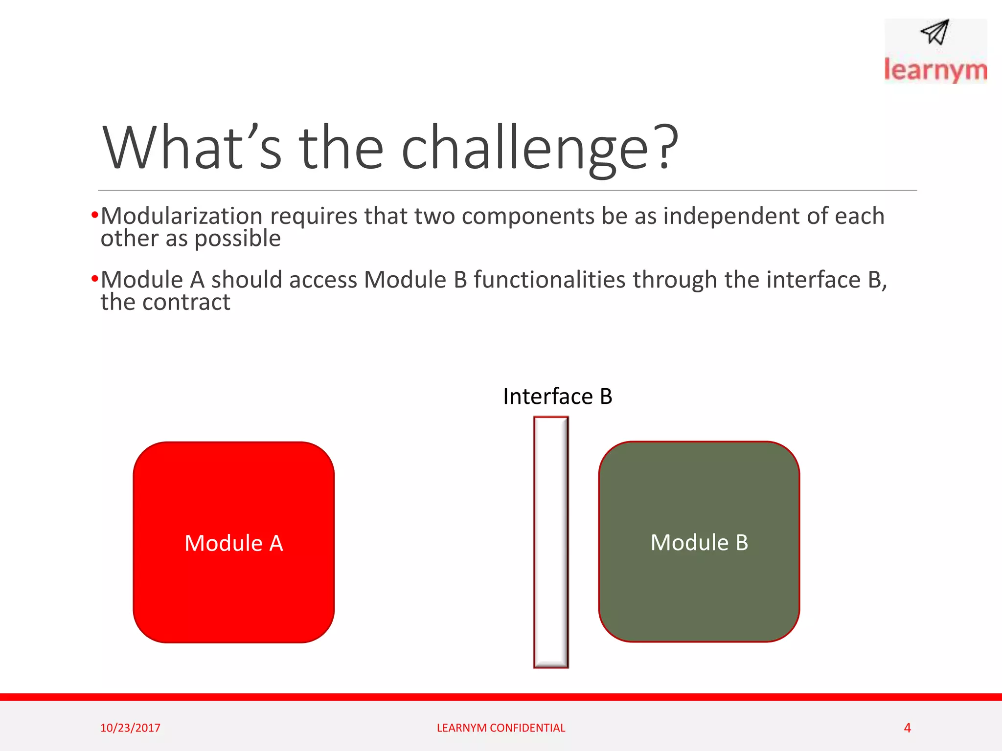 What’s the challenge?
•Modularization requires that two components be as independent of each
other as possible
•Module A should access Module B functionalities through the interface B,
the contract
10/23/2017 LEARNYM CONFIDENTIAL 4
Module A Module B
Interface B
 