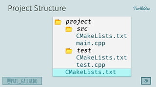 TurtleSec
@pati_gallardo 20
Project Structure
📂 project
📂 src
CMakeLists.txt
main.cpp
📂 test
CMakeLists.txt
test.cpp
CMakeLists.txt
 