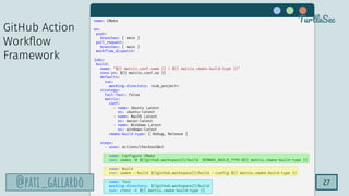 TurtleSec
@pati_gallardo
@pati_gallardo 27
name: CMake
on:
push:
branches: [ main ]
pull_request:
branches: [ main ]
workflow_dispatch:
jobs:
build:
name: "${{ matrix.conf.name }} | ${{ matrix.cmake-build-type }}"
runs-on: ${{ matrix.conf.os }}
defaults:
run:
working-directory: <sub_project>
strategy:
fail-fast: false
matrix:
conf:
- name: Ubuntu Latest
os: ubuntu-latest
- name: MacOS Latest
os: macos-latest
- name: Windows Latest
os: windows-latest
cmake-build-type: [ Debug, Release ]
steps:
- uses: actions/checkout@v2
- name: Configure CMake
run: cmake -B ${{github.workspace}}/build -DCMAKE_BUILD_TYPE=${{ matrix.cmake-build-type }}
- name: Build
run: cmake --build ${{github.workspace}}/build --config ${{ matrix.cmake-build-type }}
- name: Test
working-directory: ${{github.workspace}}/build
run: ctest -C ${{ matrix.cmake-build-type }}
TurtleSec
GitHub Action
Workﬂow
Framework
 