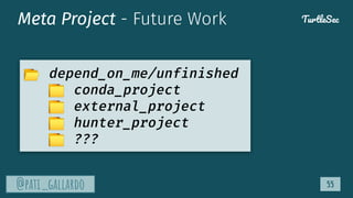 TurtleSec
@pati_gallardo 55
Meta Project - Future Work
📂 depend_on_me/unfinished
📁 conda_project
📁 external_project
📁 hunter_project
📁 ???
TurtleSec
 