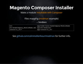 Magento Composer Installer 
Make a module installable with Composer 
Files mapping (modman example) 
./modman 
src app/code/local/AcmeCompany/ModuleName 
etc/AcmeCompany_ModuleName.xml app/etc/modules/ 
locale/it_IT/* app/locale/it_IT/ 
See github.com/colinmollenhour/modman for further info. 
 