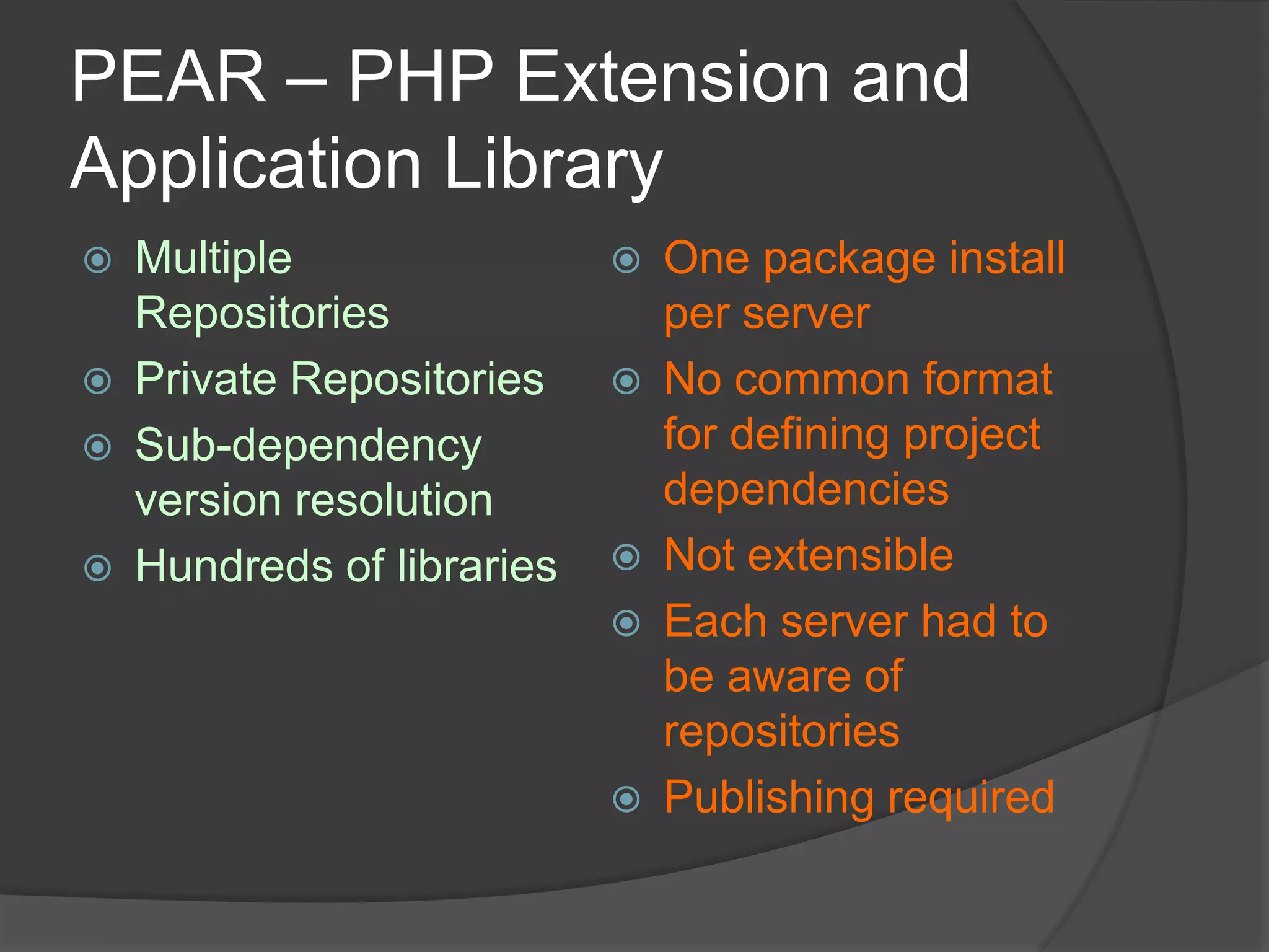 PEAR – PHP Extension and
Application Library






Multiple
Repositories
Private Repositories
Sub-dependency
version resolution
Hundreds of libraries









One package install
per server
No common format
for defining project
dependencies
Not extensible
Each server had to
be aware of
repositories
Publishing required

 