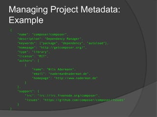 Managing Project Metadata:
Example
{
"name": "composer/composer",
"description": "Dependency Manager",
"keywords": ["package", "dependency", "autoload"],
"homepage": "http://getcomposer.org/",
"type": "library",
"license": "MIT",
"authors": [
{
"name": "Nils Adermann",
"email": "naderman@naderman.de",
"homepage": "http://www.naderman.de"
}
],
"support": {
"irc": "irc://irc.freenode.org/composer",
"issues": "https://github.com/composer/composer/issues"
}
}

 