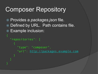 Composer Repository
Provides a packages.json file.
 Defined by URL. Path contains file.
 Example inclusion:


{
"repositories": [
{
"type": "composer",
"url": http://packages.example.com
}
]
}

 