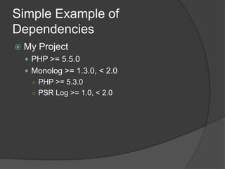 Simple Example of
Dependencies


My Project
 PHP >= 5.5.0
 Monolog >= 1.3.0, < 2.0
○ PHP >= 5.3.0
○ PSR Log >= 1.0, < 2.0

 