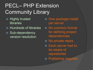 PECL– PHP Extension
Community Library




Highly trusted
libraries
Hundreds of libraries
Sub-dependency
version resolution









One package install
per server
No common format
for defining project
dependencies
No private repos
Each server had to
be aware of
repositories
Publishing required

 