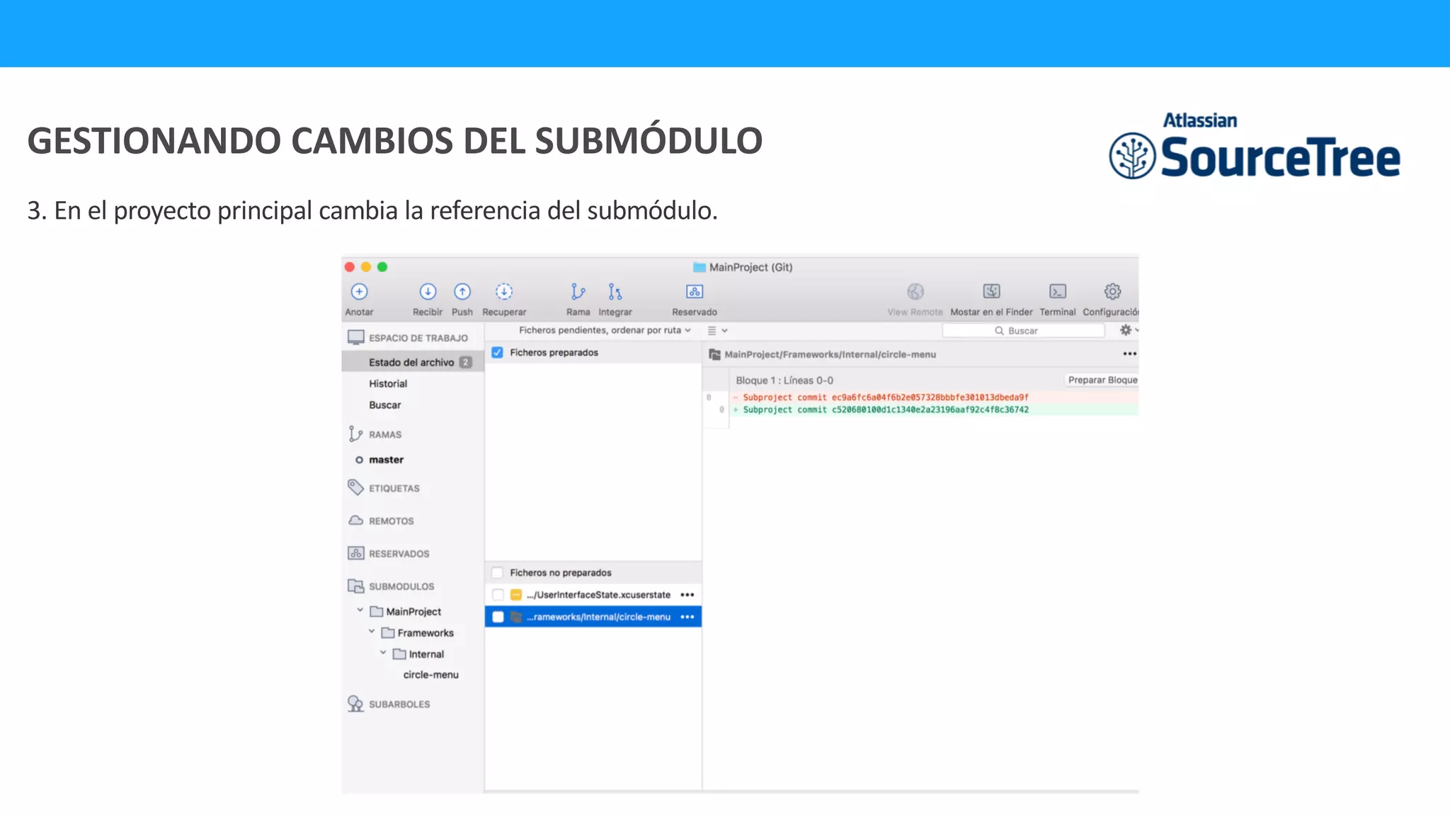 3. En el proyecto principal cambia la referencia del submódulo.
GESTIONANDO CAMBIOS DEL SUBMÓDULO
 