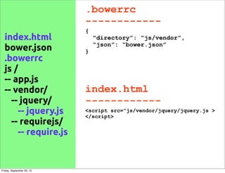 .bowerrc
------------
{
"directory”: “js/vendor”,
“json”: “bower.json”
}
index.html
bower.json
.bowerrc
js /
-- app.js
-- vendor/
-- jquery/
-- jquery.js
-- requirejs/
-- require.js
index.html
------------
<script src=”js/vendor/jquery/jquery.js >
</script>
Friday, September 20, 13
 