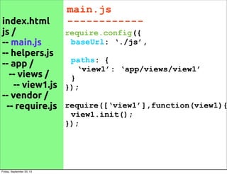main.js
------------
require.config({
baseUrl: ‘./js’,
paths: {
‘view1’: ‘app/views/view1’
}
});
require([‘view1’],function(view1){
view1.init();
});
index.html
js /
-- main.js
-- helpers.js
-- app /
-- views /
-- view1.js
-- vendor /
-- require.js
Friday, September 20, 13
 