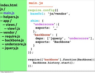 index.html
js /
-- main.js
-- helpers.js
-- app /
-- views /
-- view1.js
-- vendor /
-- require.js
-- backbone.js
-- underscore.js
-- jquery.js
main.js
------------
require.config({
baseUrl: ‘js/vendor’,
shim: {
‘underscore’:{
exports: ‘_’
},
‘backbone’: {
deps: [‘jquery’, ‘underscore’],
exports: ‘Backbone’
}
}
});
require([‘backbone’],function(Backbone){
Backbone.history.start();
});
Friday, September 20, 13
 