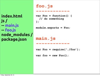 foo.js
------------
index.html
js /
-- main.js
-- foo.js
node_modules /
package.json
var Foo = function() {
// do something
};
module.exports = Foo;
main.js
------------
var Foo = require(‘./foo’);
var foo = new Foo();
Friday, September 20, 13
 