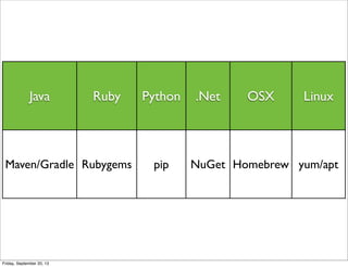 Java Ruby Python .Net OSX Linux
Maven/Gradle Rubygems pip NuGet Homebrew yum/apt
Friday, September 20, 13
 