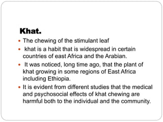 Khat.
 The chewing of the stimulant leaf
 khat is a habit that is widespread in certain
countries of east Africa and the Arabian.
 It was noticed, long time ago, that the plant of
khat growing in some regions of East Africa
including Ethiopia.
 It is evident from different studies that the medical
and psychosocial effects of khat chewing are
harmful both to the individual and the community.
 