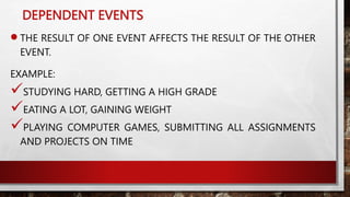 DEPENDENT EVENTS
THE RESULT OF ONE EVENT AFFECTS THE RESULT OF THE OTHER
EVENT.
EXAMPLE:
STUDYING HARD, GETTING A HIGH GRADE
EATING A LOT, GAINING WEIGHT
PLAYING COMPUTER GAMES, SUBMITTING ALL ASSIGNMENTS
AND PROJECTS ON TIME
 