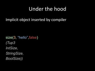Under the hood
Implicit object inserted by compiler



size(3, “hello”,false)
(Tup3
IntSize,
StringSize,
BoolSize))
 