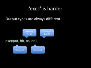 ‘exec’ is harder
Output types are always different

                  Returns               Returns
                   Err[B]                Err[D]


exec(aa, bb, cc, dd)

      Returns A             Returns C
 