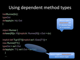 Using dependent method types
traitRunner[In] {
typeOut
defapply(in: In): Out                                         Return type is
                                                              dependent on
}
                                                             ‘r’. Access type
                                                              as a member.
object Runner {
defexec[R](v: R)(implicitr: Runner[R]): r.Out = r(v)

implicit def Tup1[T1](implicit ex1: Exec[T1]) =
new Runner[T1] {
typeOut = ex1.Out
defapply(in: T1): ex1.Out = ex1(in)
   }
                                                   Return type is dependent on
   ...                                                  ex1’s return type
 