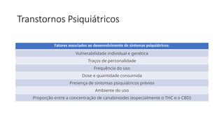 Transtornos Psiquiátricos
Fatores associados ao desenvolvimento de sintomas psiquiátricos:
Vulnerabilidade individual e genética
Traços de personalidade
Frequência do uso
Dose e quantidade consumida
Presença de sintomas psiquiátricos prévios
Ambiente do uso
Proporção entre a concentração de canabinoides (especialmente o THC e o CBD)
 