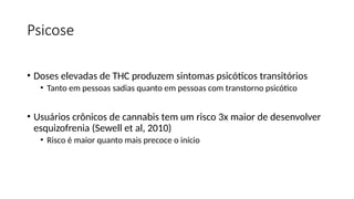 Psicose
• Doses elevadas de THC produzem sintomas psicóticos transitórios
• Tanto em pessoas sadias quanto em pessoas com transtorno psicótico
• Usuários crônicos de cannabis tem um risco 3x maior de desenvolver
esquizofrenia (Sewell et al, 2010)
• Risco é maior quanto mais precoce o início
 