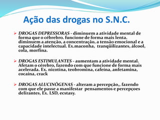 Ação das drogas no S.N.C.
 DROGAS DEPRESSORAS - diminuem a atividade mental de
forma que o cébrebro. funcione de forma mais lenta.
diminuem a atenção, a concentração, a tensão emocional e a
capacidade intelectual. Ex.maconha, tranqüilizantes, álcool,
cola, morfina.
 DROGAS ESTIMULANTES - aumentam a atividade mental.
Afetam o cérebro, fazendo com que funcione de forma mais
acelerada. Ex. nicotina, teobromina, cafeína, anfetamina,
cocaína, crack
 DROGAS ALUCINÓGENAS - alteram a percepção,, fazendo
com que ele passe a manifestar pensamentos e percepçoes
delirantes, Ex. LSD, ecstasy.
 
