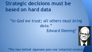 Strategic decisions must be 
based on hard data 
“In God we trust; all others must bring 
data.” 
Edward Deming* 
*The man behind Japanese post-war industrial revolution 
 