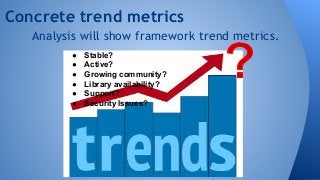 Concrete trend metrics 
Analysis will show framework trend metrics. 
● Stable? 
● Active? 
● Growing community? 
● Library availability? 
● Support? 
● Security Issues? 
 