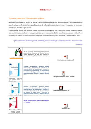 BIBLIOTECA



Textos de Apoio para Educadores de Infância

O Ministério da Educação, através da DGIDC (Direcção-Geral de Inovação e Desenvolvimento Curricular) editou em
cinco brochuras: os Textos de Apoio para Educadores de Infância. Estes articulam-se entre si e pretendem ser uma mais-
valia para os docentes do pré-escolar.
Estas brochuras surgem num momento em que as práticas dos educadores, com o passar dos tempos, começam cada vez
mais a ser rotineiras, ineficazes e começam a deixar de ser interessantes. Então, estas brochuras, tentam espelhar “(…)
um esforço no sentido de convocar recursos em prol da formação em serviço dos educadores.” (Inês Sim-Sim, 2008).


        “Que as presentes brochuras possam contribuir para a actualização científica e didáctica dos educadores"

                                                                                                                                     Inês Sim-Sim




                           São um conjunto de princípios gerais e organizados
                           para apoiar a educadora nas decisões sobre a
                           prática pedagógica, ou seja, para conduzir o
                           processo educativo a desenvolver com as crianças;


                                                                                          Orientacoes_curriculares.pdf



                           Procura - se enquadrar e promover práticas
                           intencionais e sistemáticas de estimulação do
                           desenvolvimento da linguagem e enfatizar a
                           necessidade da continuidade de aprendizagens
                           no domínio da língua entre a educação de
                           infância e a sala de aula no 1.º ciclo da Educação
                           Básica.
                                                                                 Linguagem e comunicação no Jardim de Infância.pdf
Autores:Inês   Sim-Sim,
Ana Cristina Silva e
Clarisse Nunes



                           Procura - se enquadrar e promover práticas
                           intencionais e sistemáticas de estimulação do
                           desenvolvimento da linguagem e enfatizar a
                           necessidade da continuidade de aprendizagens         A_Descoberta_da_Escrita.pdf
                           no domínio da língua entre a educação de
                           infância e a sala de aula no 1.º ciclo da Educação
  Autora: Lourdes Mata     Básica.



                           Incide sobre aspectos relativos à geometria
                           e à medida.



                                                                                                    geometria.pdf
Autores: Maria de Fátima
   Mendes e Catarina
   Coutinho Delgado
 