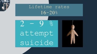 Lifetime rates
16-20%
2 - 9 %
attempt
suicide
 