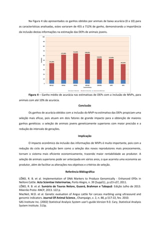 Na Figura 4 são apresentados os ganhos obtidos por animais de baixa acurácia (0 a 10) para
as características analisadas, estes variaram de 455 a 712% de ganho, demonstrando a importância
da inclusão destas informações na estimação das DEPs de animais jovens.
Figura 4 – Ganho médio de acurácia nas estimativas de DEPs com a inclusão de MVPs, para
animais com até 10% de acurácia.
Conclusão
Os ganhos de acurácia obtidos com a inclusão do MVP na estimativa das DEPs propiciam uma
seleção mais eficaz, pois atuam em dois fatores de grande impacto para a obtenção de maiores
ganhos genéticos: a seleção de animais jovens geneticamente superiores com maior precisão e a
redução do intervalo de gerações.
Implicação
O impacto econômico da inclusão das informações de MVPs é muito importante, pois com a
redução do ciclo de produção bem como a seleção dos novos reprodutores mais precocemente,
tornam o sistema mais eficiente economicamente, trazendo maior rentabilidade ao produtor. A
seleção de animais superiores pode ser antecipada em vários anos, o que acarreta uma economia ao
produtor, além de facilitar as alterações nos objetivos e critérios de seleção.
Referência Bibliográfica
LÔBO, R. B. et al. Implementation of DNA Markers to Produce Genomically - Enhanced EPDs in
Nellore Cattle. Acta Scientiae Veterinariae, Porto Alegre, n. 39 (Suppl1):, p.s23-s27, 2011.
LÔBO, R. B. et al. Sumário de Touros Nelore, Guzerá, Brahman e Tabapuã: Edição Julho de 2013.
Ribeirão Preto: ANCP, 2013. 122 p.
MacNeil, M.D. et al. Genetic evaluation of Angus cattle for carcass marbling using ultrasound and
genomic indicators. Journal Of Animal Science., Champaign, v. 2, n. 88, p.517-22, fev. 2010.
SAS Institute Inc. (2002) Statistical Analysis System user's guide.Version 9.0. Cary, Statistical Analysis
System Institute. 513p.
 