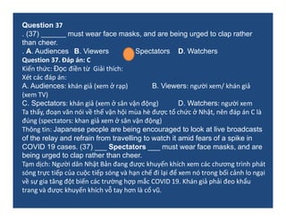 Question 11: The two people________badminton seemed to be at
it quite intensely.
A. going B. playing C. doing D. practicin...