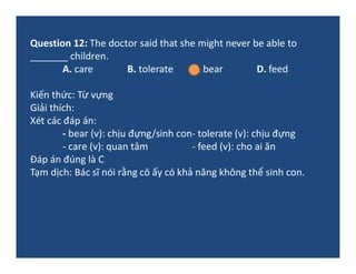 Question 12: The doctor said that she might never be able to
_______ children.
A. care B. tolerate C. bear D. feed
Kiến th...