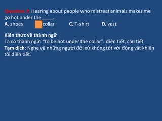 Question 3: Hearing about people who mistreat animals makes me
go hot under the .
A. shoes B. collar C. T-shirt D. vest
Ki...