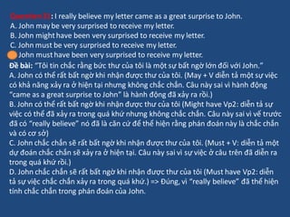Question31: I really believe my letter came as a great surprise to John.
A. John maybe very surprised to receive my letter...