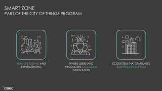 SMART ZONE
PART OF THE CITY OF THINGS PROGRAM
REAL-LIFE TESTING AND
EXPERIMENTING
WHERE USERS AND
PRODUCERS CO-CREATE
INNOVATION
ECOSYSTEM THAT STIMULATES
BUSINESS INNOVATION
 