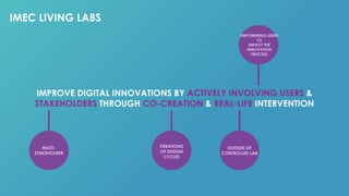 IMPROVE DIGITAL INNOVATIONS BY ACTIVELY INVOLVING USERS &
STAKEHOLDERS THROUGH CO-CREATION & REAL-LIFE INTERVENTION
ITERATIONS
OF DESIGN
CYCLES
OUTSIDE OF
CONTROLLED LAB
MULTI-
STAKEHOLDER
EMPOWERING USERS
TO
IMPACT THE
INNOVATION
PROCESS
IMEC LIVING LABS
 