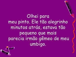 Olhei para meu pinto. Ele tão alegrinho minutos atrás, estava tão pequeno que mais  parecia irmão gêmeo de meu umbigo. 