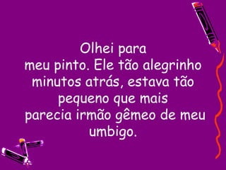 Olhei para meu pinto. Ele tão alegrinho minutos atrás, estava tão pequeno que mais  parecia irmão gêmeo de meu umbigo. 